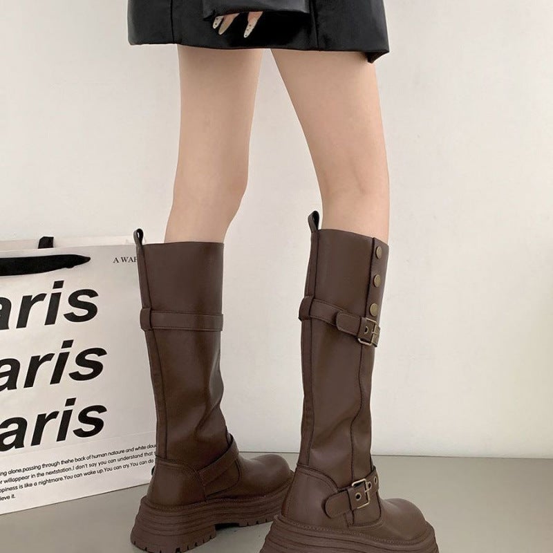 Jin Bukang Brown Retro British Style Thick Heel Thick Bottom Boots Women'S New Knight Boots - Image 3